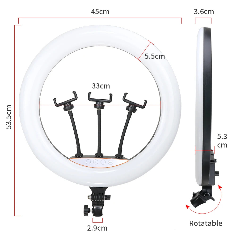 RING LIGHT PROFESSIONEL LED RGB coloré de 18 pouces, 45cm, éclairage  de photographie avec trépied de 190mm et 150mm, pour Studio Photo, prise de vue de maquillage Youtube