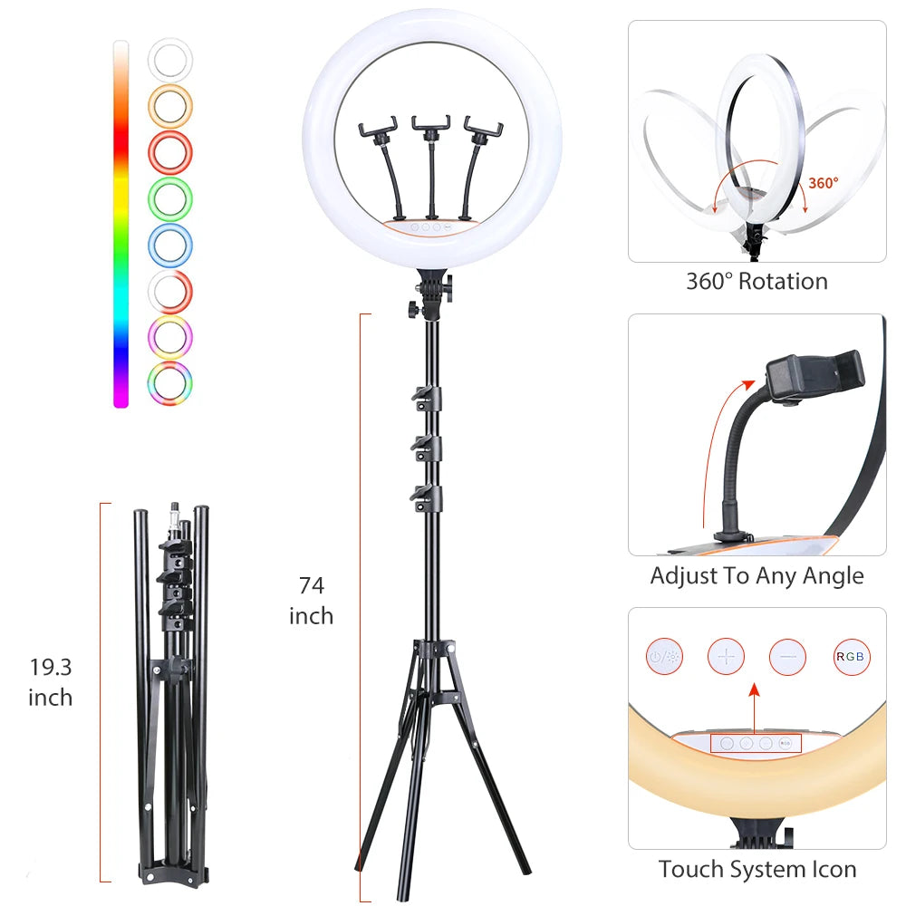 RING LIGHT PROFESSIONEL LED RGB coloré de 18 pouces, 45cm, éclairage  de photographie avec trépied de 190mm et 150mm, pour Studio Photo, prise de vue de maquillage Youtube