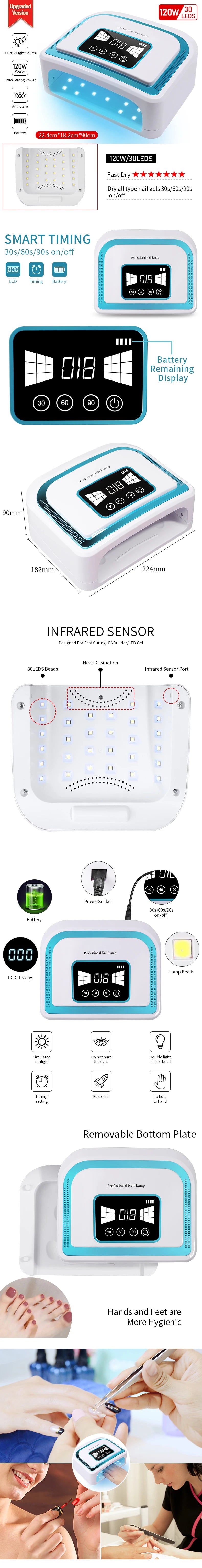 Led Lamp rechargable 120w For Nails Uv Nail Drying Gel Manicure Cabin Polish Dryer 120W Light Dryers Wireless Cordless Rechargeable