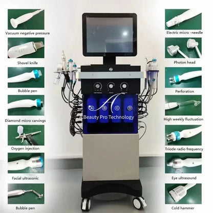 Machine multifonctionnelle de nettoyage du visage 14 en 1, Machine hydra-faciale Soins de la peau Oxygène Jet d'eau Spa Machine